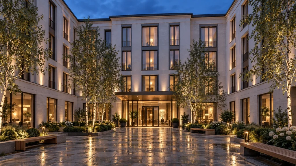 Yantram Studioโs Warsaw hotel exterior rendering shows a limestone courtyard, bronze-framed entrance, birch planting and reflective stone paving at blue hour.