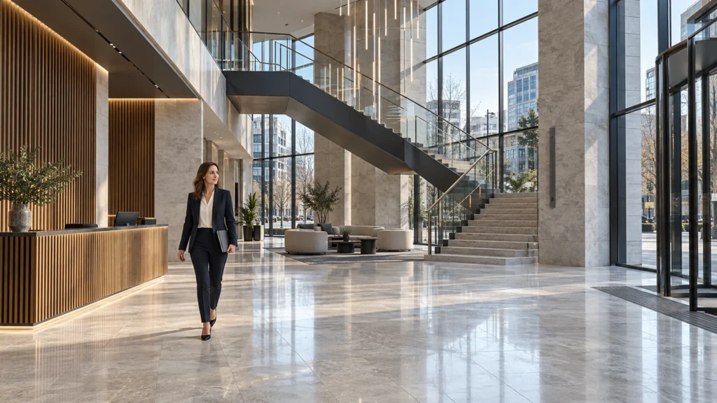Yantram Studioโs Warsaw office interior rendering shows a limestone lobby with oak reception joinery, a dark steel stair and full-height atrium glazing.