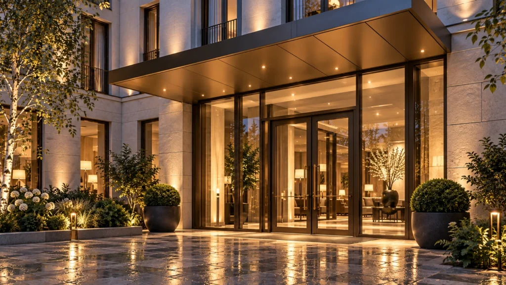 Yantram Studioโs Warsaw hotel exterior detail rendering shows bronze canopy panels, glazed entrance doors, limestone joints and a stone-paved threshold. โ 3D Architectural Rendering Warsaw