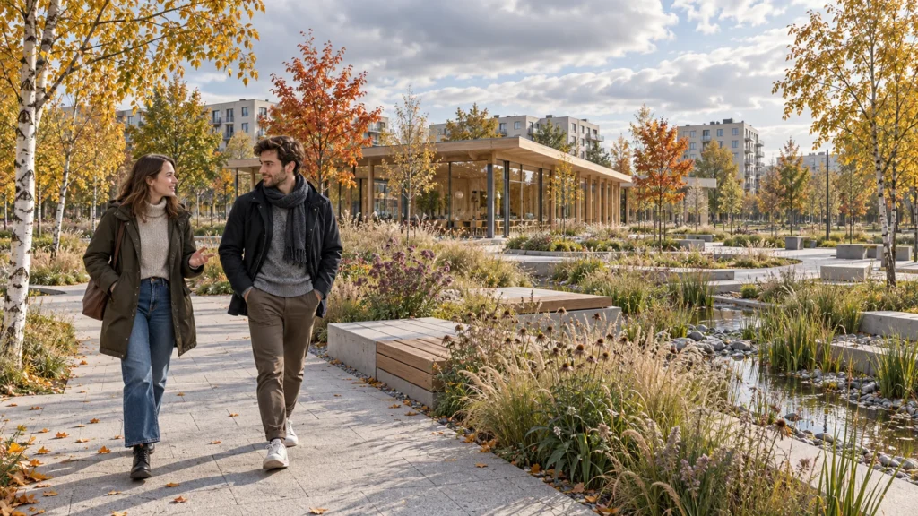 Yantram Studioโs Warsaw landscape rendering shows granite paths, timber benches, a glass pavilion and an autumn rain garden in a neighborhood park.
