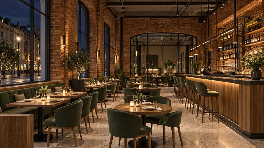 Yantram Studioโs Warsaw restaurant interior rendering shows exposed brick, oak bar joinery, green seating and dark stone counters under evening lighting. โ Warsaw 3D Rendering Studio