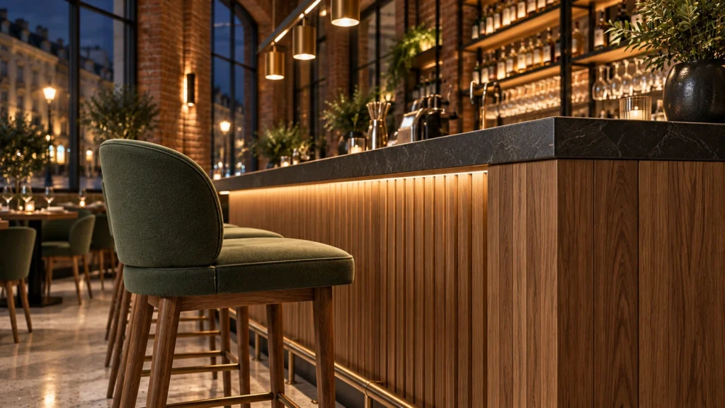 Yantram Studioโs Warsaw interior detail rendering shows oak bar millwork, a dark stone counter edge, brass foot rail and green upholstered seating. โ 3D Architectural Rendering Warsaw