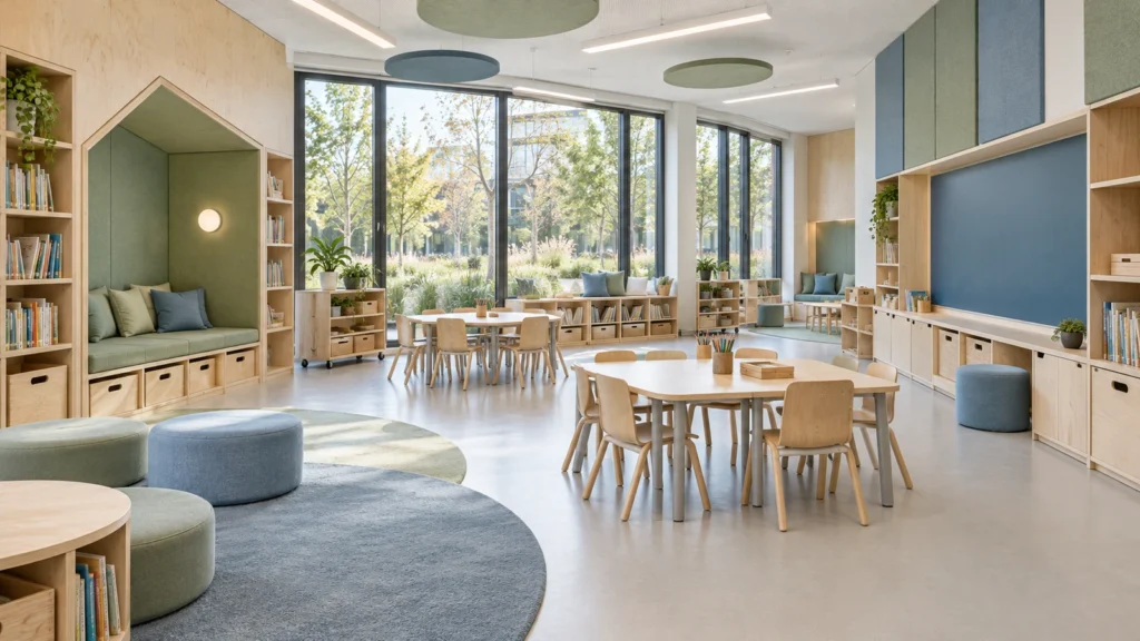 Yantram Studioโs Warsaw school interior rendering shows birch storage, child-sized tables, acoustic panels and reading alcoves beside a garden-facing window wall. โ Photorealistic Architectural Visualization Warsaw