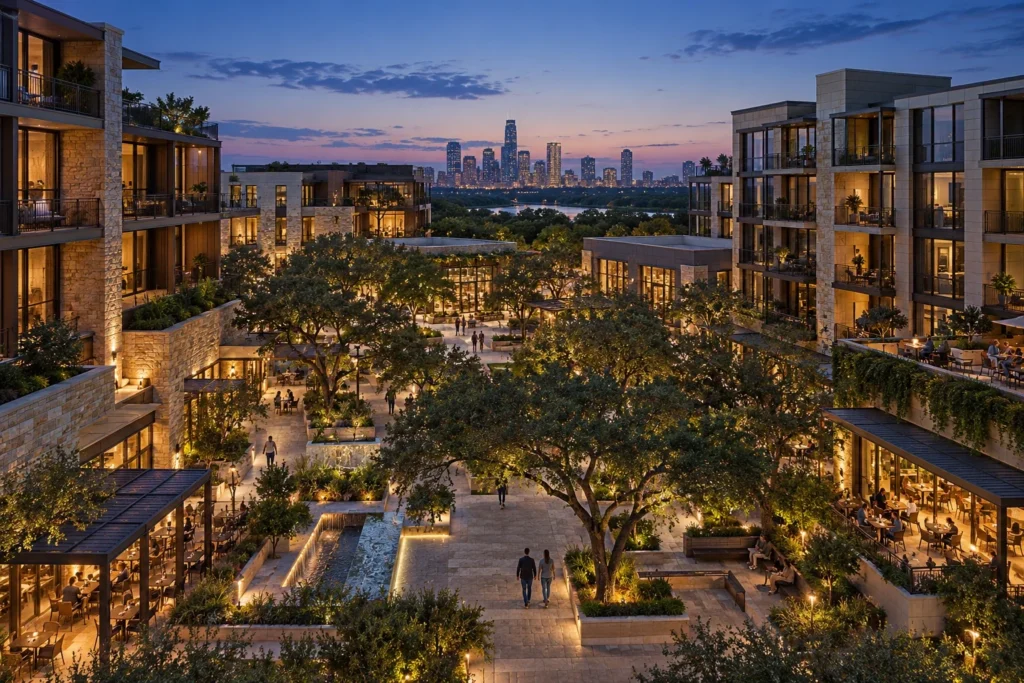 Mixed-use master plan at twilight in Portland โ Sustainable Architecture Visualization