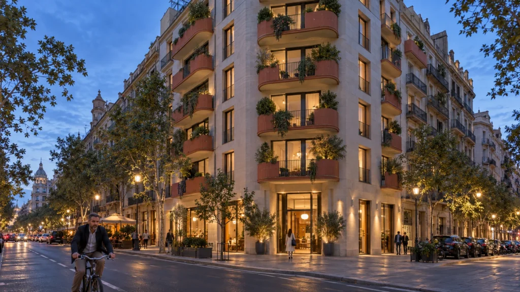 Dusk view of apartment tower facade in Barcelona — 3D Architectural Rendering Spain