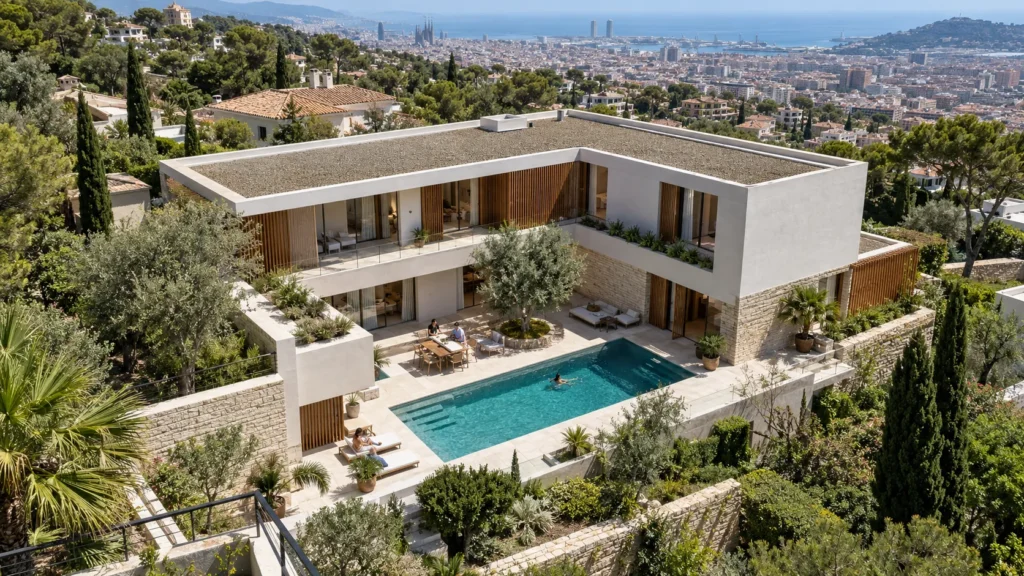 Birds eye view of a modern residence villa in Barcelona — Resort 3D Rendering Spain