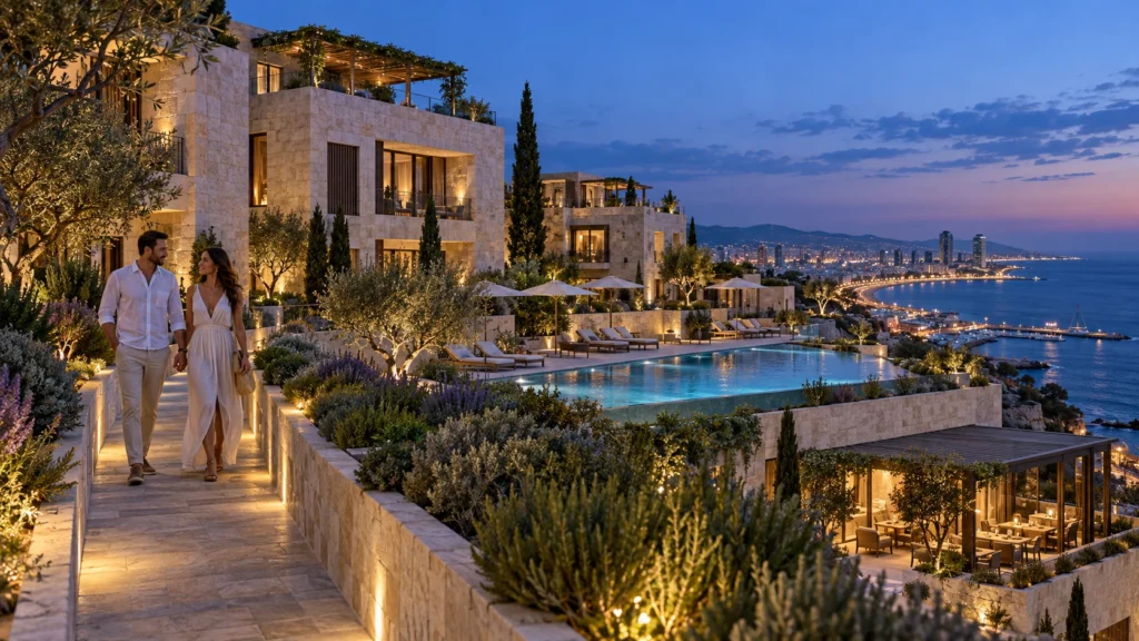 Dusk view of luxury hotel resort in Barcelona โ 3D Architectural Rendering Spain