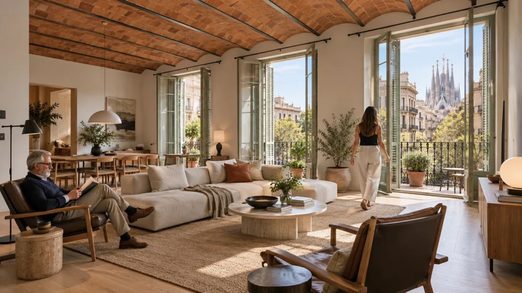 Bright interior living room looking out to Barcelona street — Villa Rendering Spain