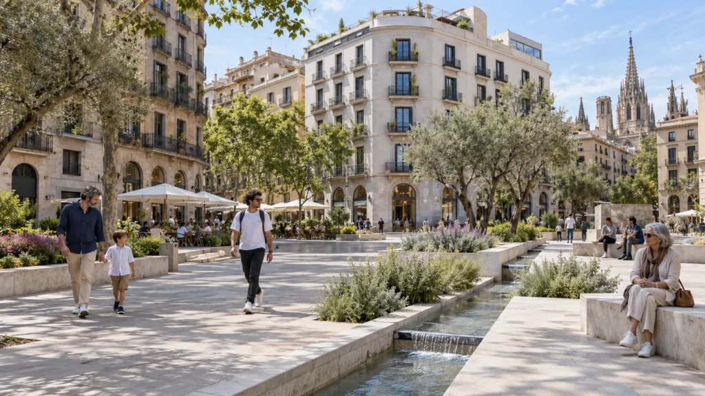 Daylight view of public park plaza in Barcelona