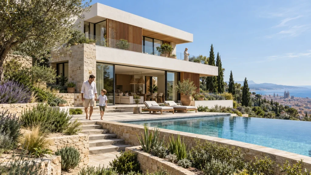 Daylight view of modern residence villa in Barcelona โ Villa Rendering Spain