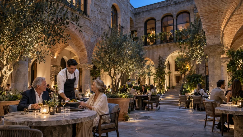 Night view of restaurant and cafe courtyard in Barcelona — Villa Rendering Spain