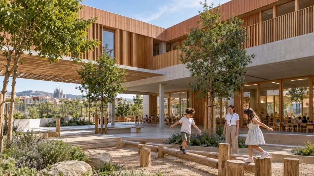 Children playing in a modern school courtyard in Barcelona