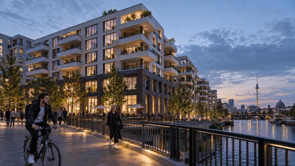 Dusk view of an apartment tower with lit balconies in Berlin — 3D Renderings Berlin