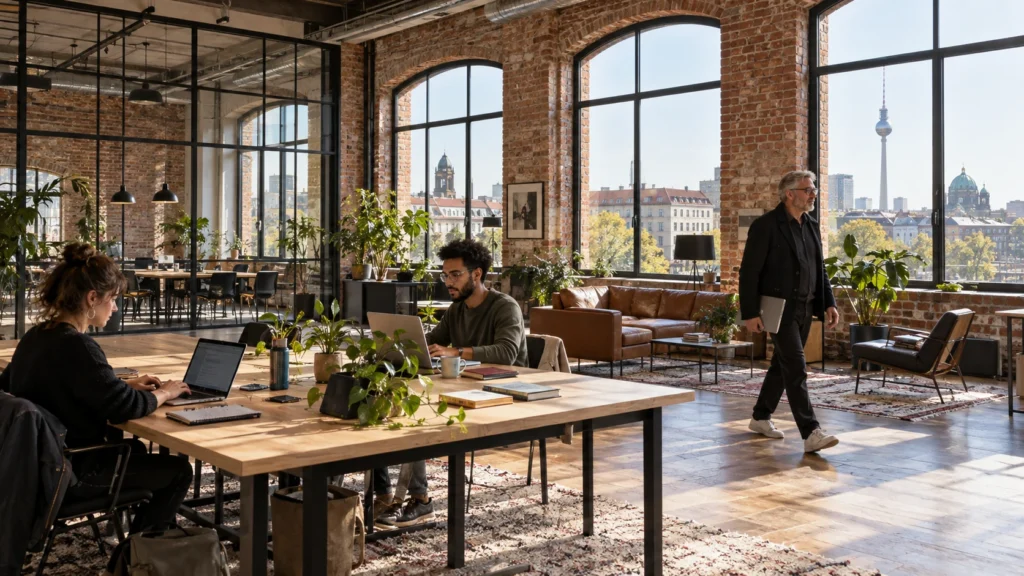 Interior view of a modern co-working office space with brick walls โ 3D Renderings Berlin