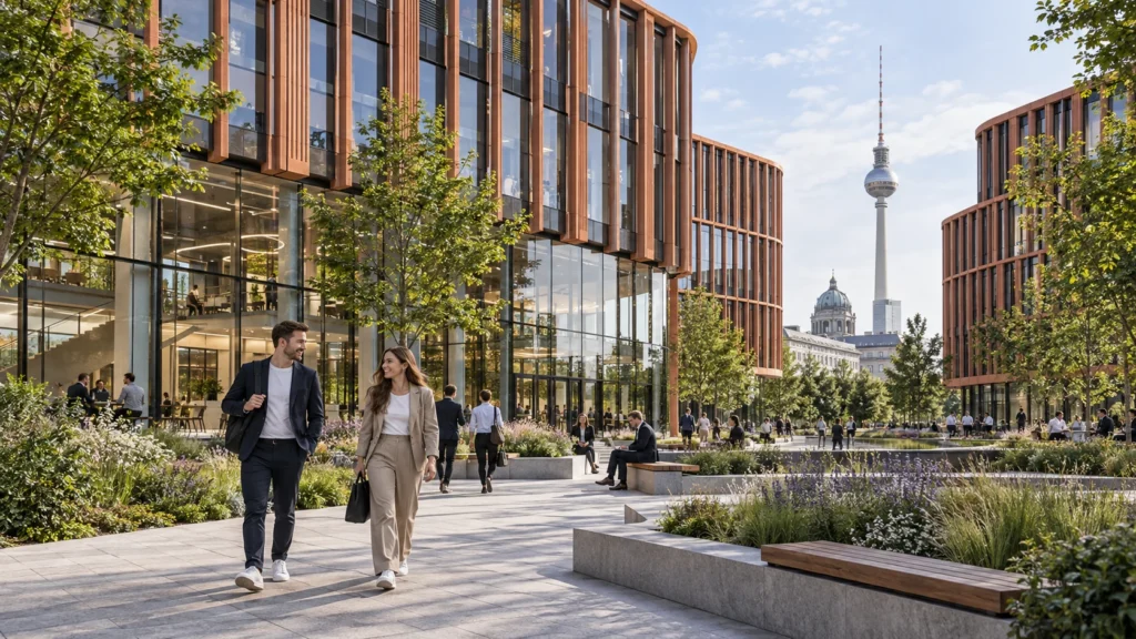 Commercial office buildings with terracotta facades in daylight — Architekturvisualisierung Berlin