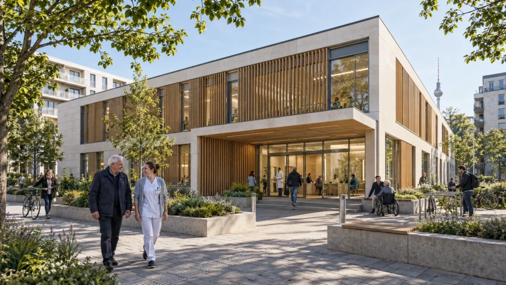 Daylight view of a modern clinic building with wooden louvers