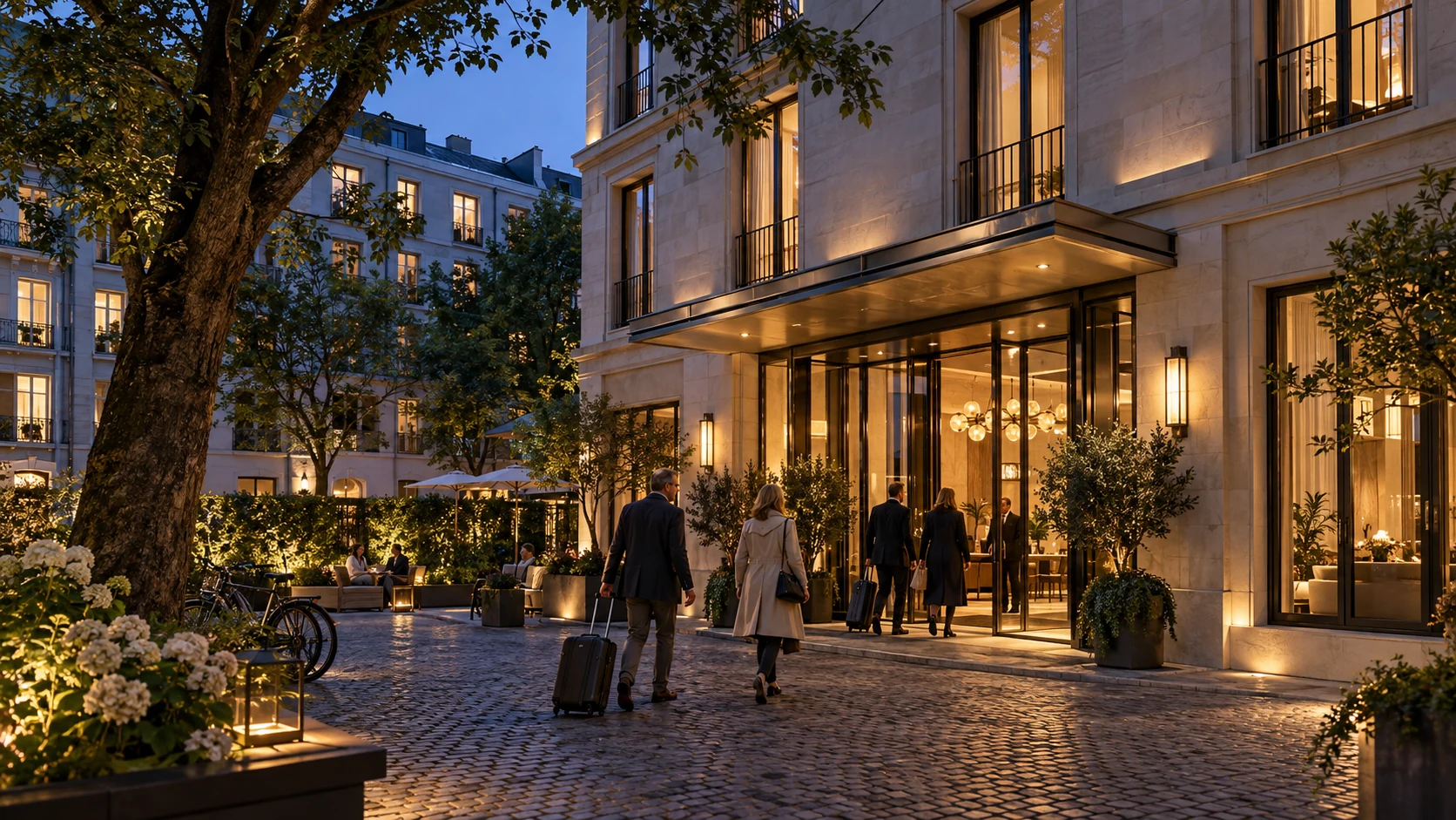 Dusk view of a luxury hotel entrance with warm exterior lighting — Immobilienvisualisierung Berlin