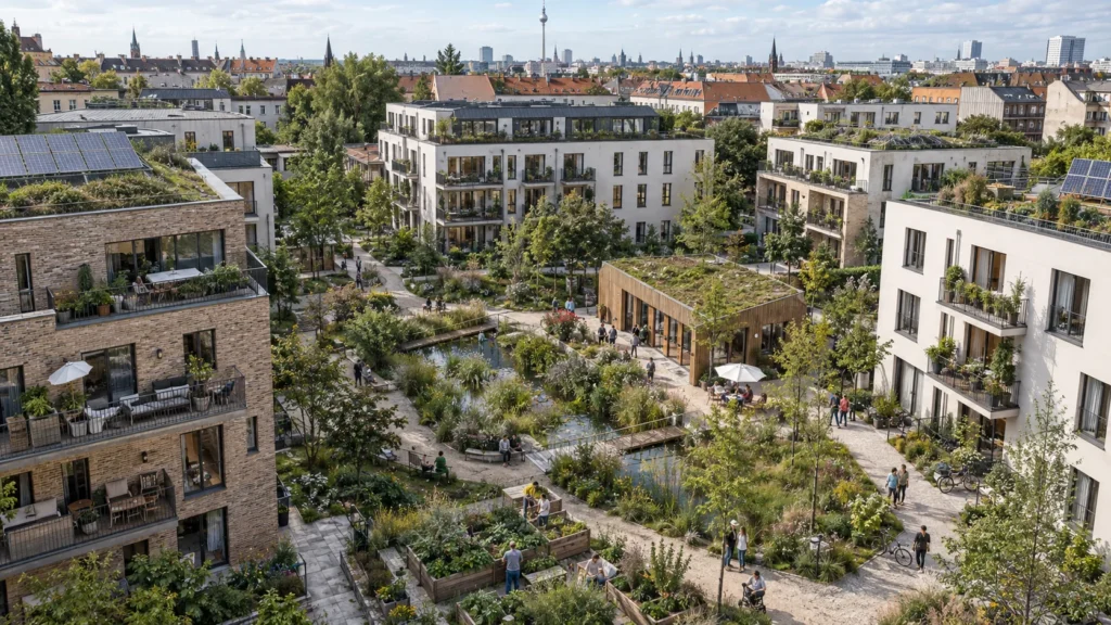 Aerial daylight view of residential apartment buildings with green gardens