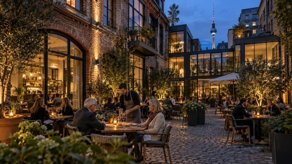 Outdoor dining area of a restaurant and cafe at night in Berlin โ Architectural Visualization Germany