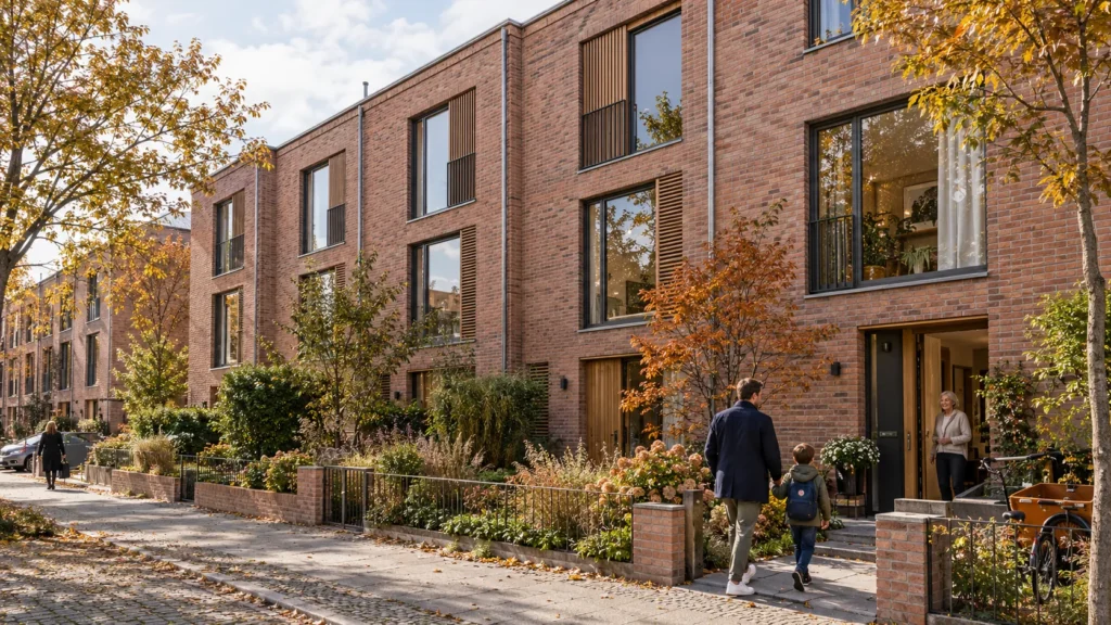 Daylight view of modern townhouse row homes with green roofs โ Immobilienvisualisierung Berlin