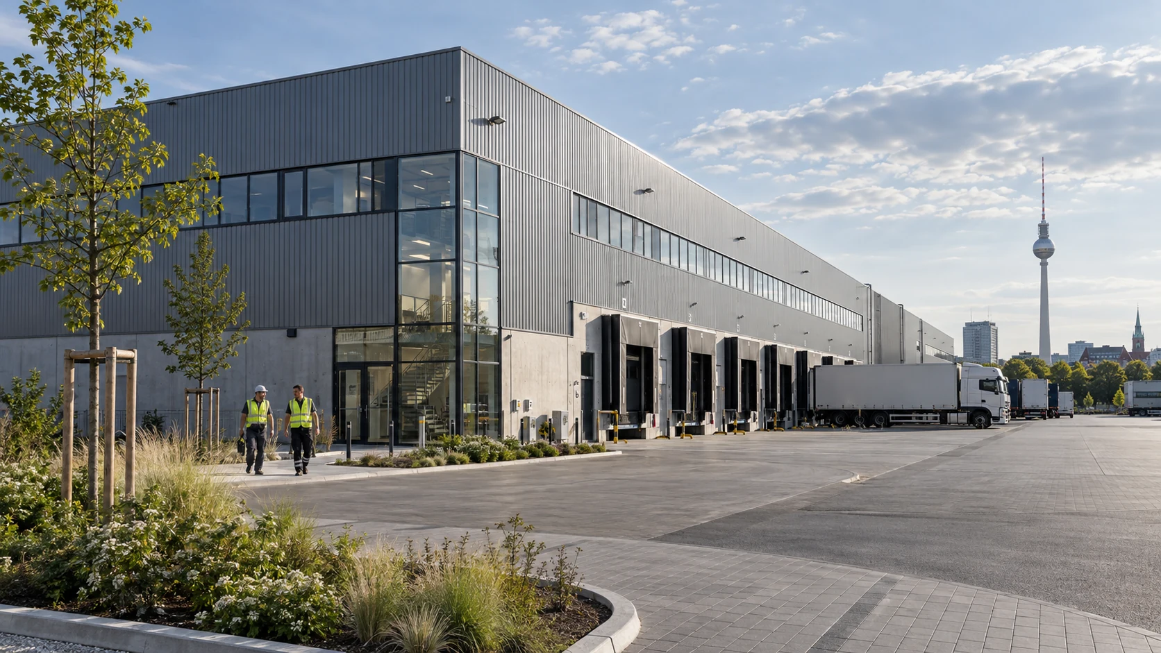 Industrial warehouse and logistics center exterior with loading bays — Architekturvisualisierung Berlin