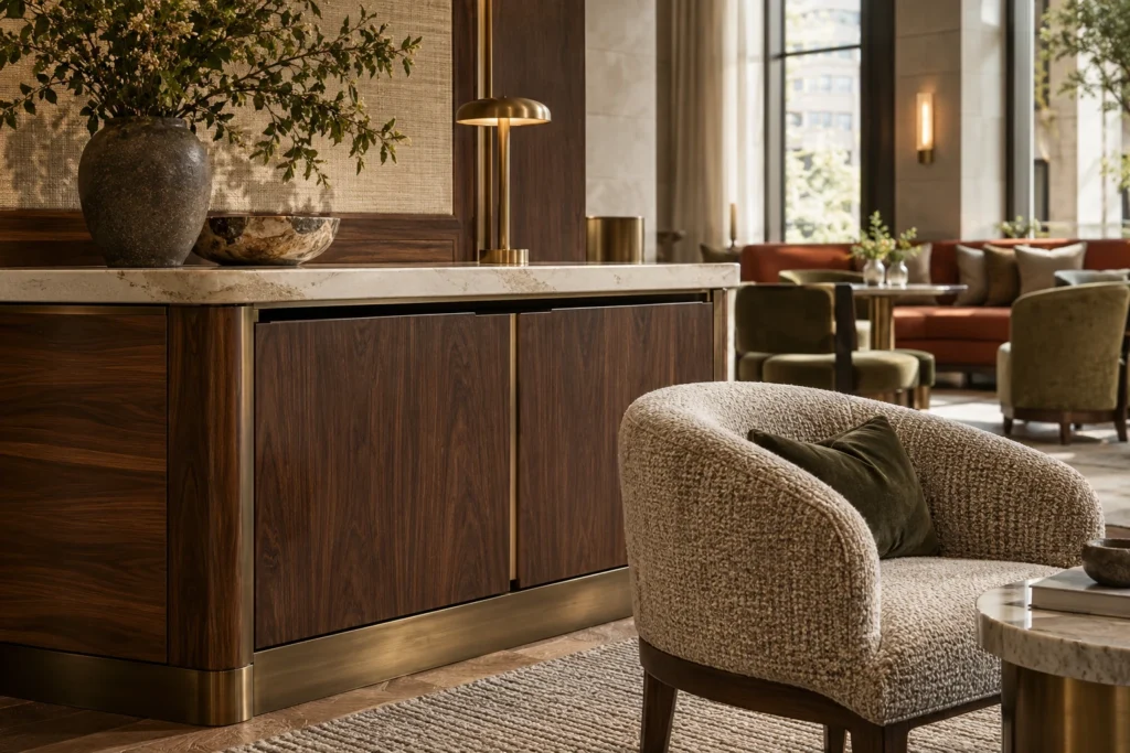 Hotel interior lounge detail in Portland โ Net Zero Design Visualization