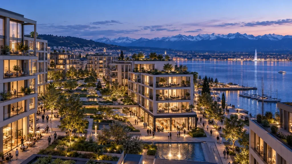 Geneva mixed-use waterfront development at dusk — Architectural Visualization Company In New York
