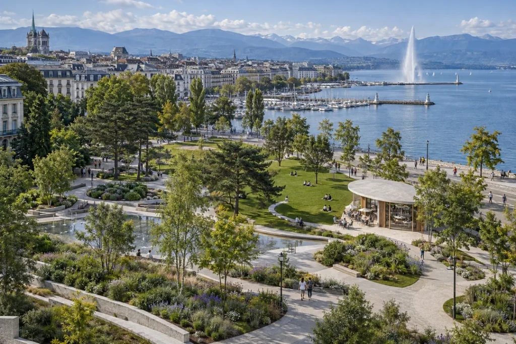 Geneva public park aerial landscape design โ Photorealistic Architectural Visualization New York