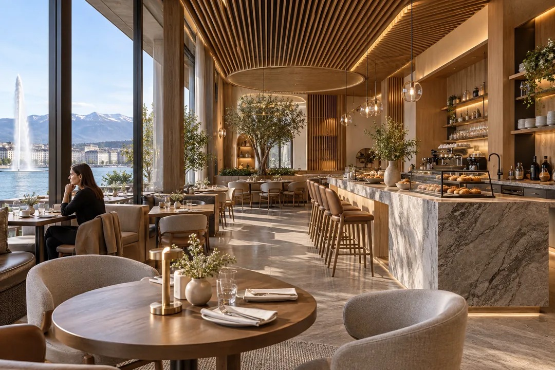 Geneva restaurant interior with lake views — 3D Architectural Rendering New York