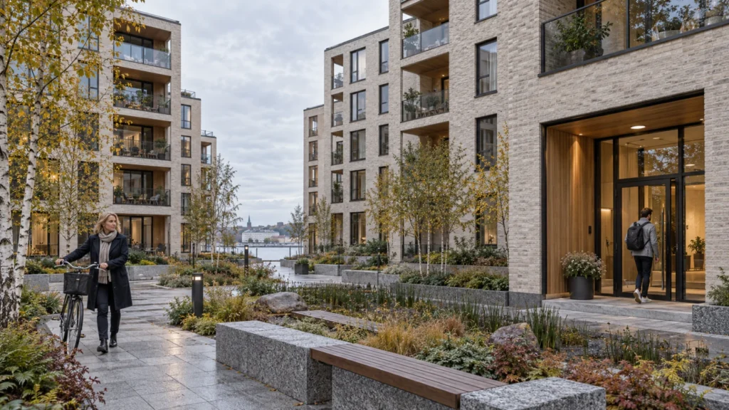 Yantram Studio exterior 3D rendering in Helsinki shows pale brick apartments, recessed balconies and a landscaped granite courtyard.