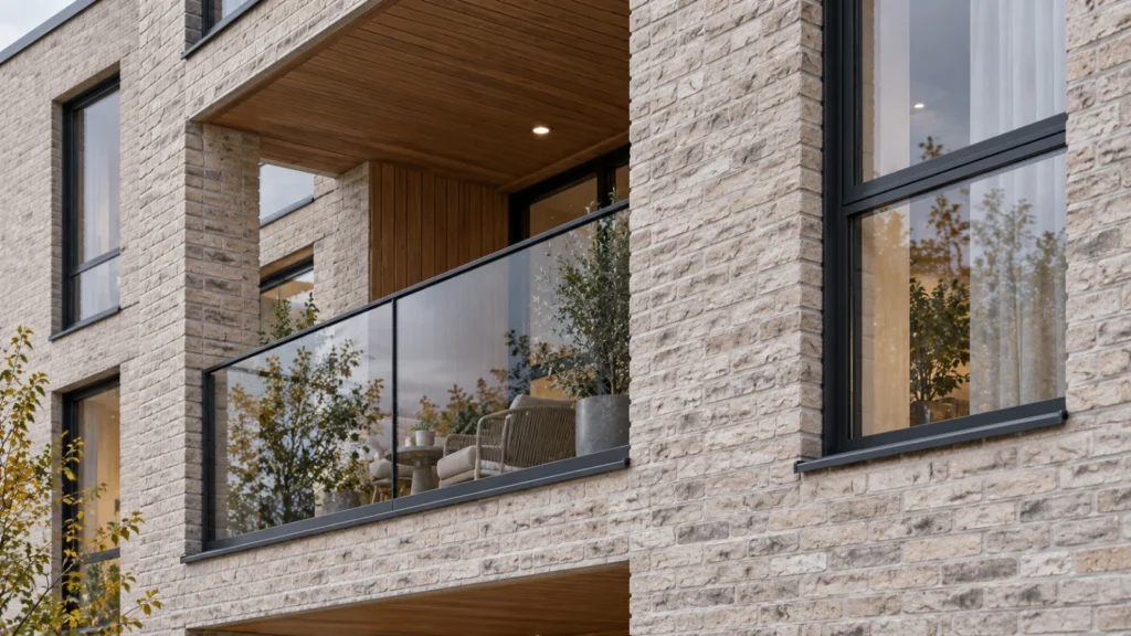 Yantram Studio exterior detail rendering in Helsinki shows pale brick joints, recessed balcony glazing and timber soffits on an apartment facade. โ Interior Rendering