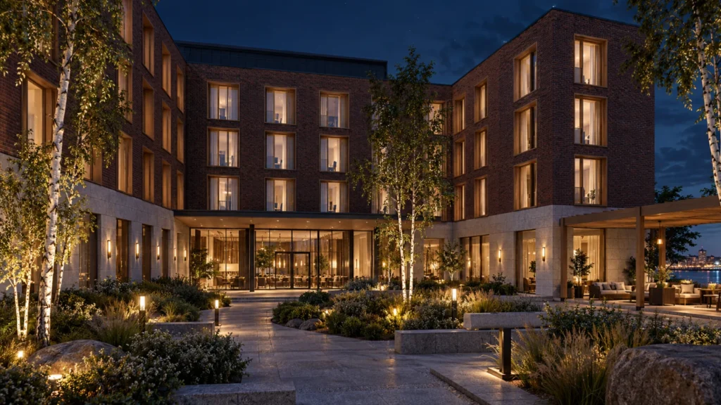 Yantram Studio hotel exterior rendering in Helsinki shows a brick boutique property with illuminated timber windows and a planted courtyard at night. โ Landscape Design