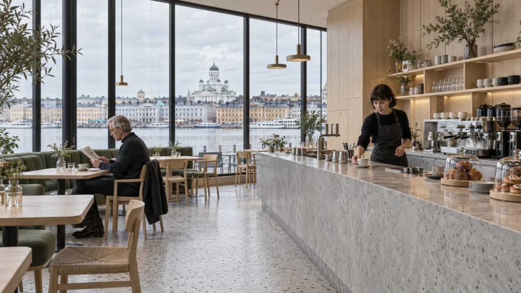 Yantram Studio cafรฉ interior rendering in Helsinki shows ash cabinetry, stone counters and waterfront glazing in a Nordic dining space.