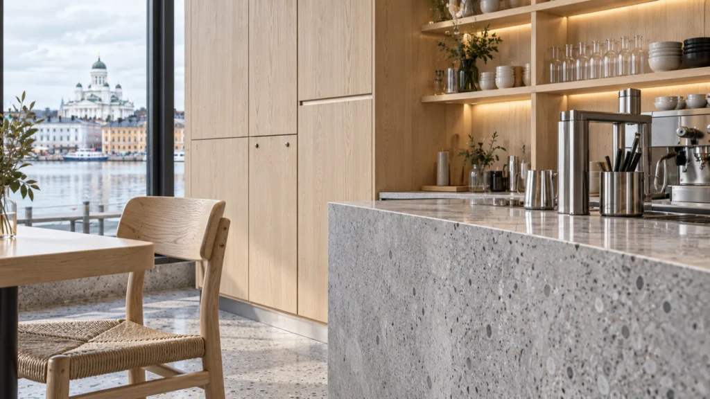 Yantram Studio interior detail rendering in Helsinki shows ash cafรฉ cabinetry, a pale stone counter and carefully fitted lighting. โ Real Estate Marketing
