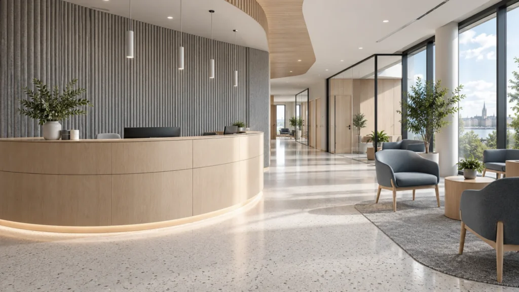 Yantram Studio clinic interior rendering in Helsinki shows birch joinery, acoustic wall panels and a softly lit reception lounge. โ Exterior Visualization