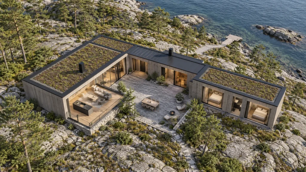 Yantram Studio aerial architectural rendering in Helsinki shows a timber coastal villa with a courtyard, sauna wing and granite landscape.