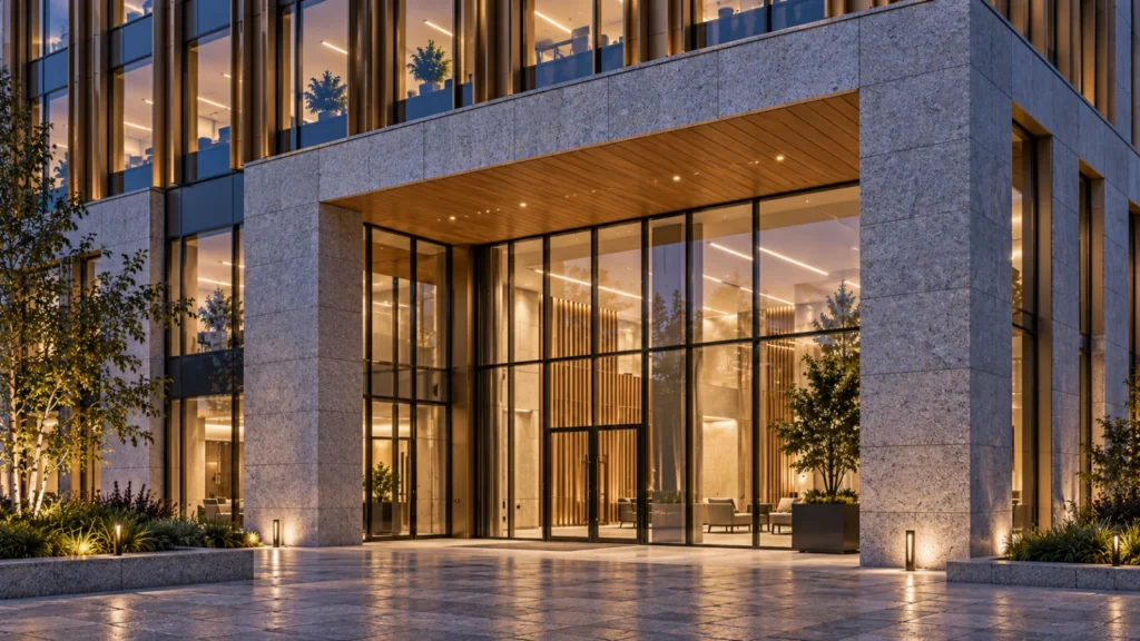 Yantram Studio exterior detail rendering in Helsinki shows bronze facade fins, granite paving and a glazed office entrance beneath a timber soffit. โ Real Estate Marketing