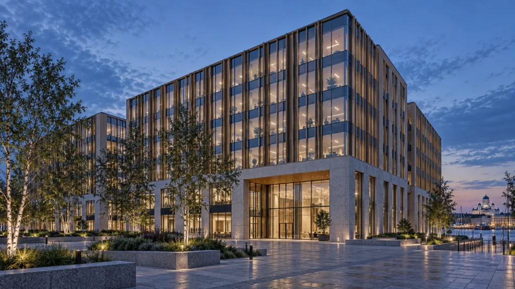 Yantram Studio commercial exterior rendering in Helsinki shows a glazed office building with bronze fins and a granite entrance plaza. โ Landscape Design