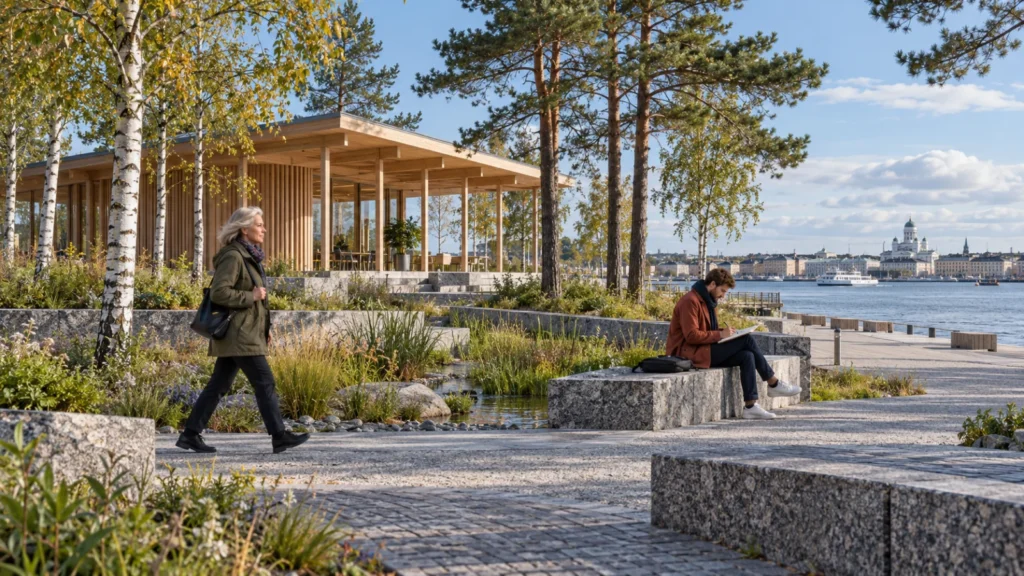 Yantram Studio landscape rendering in Helsinki shows a waterfront park with granite paths, birch trees and a timber pavilion. โ Interior Rendering