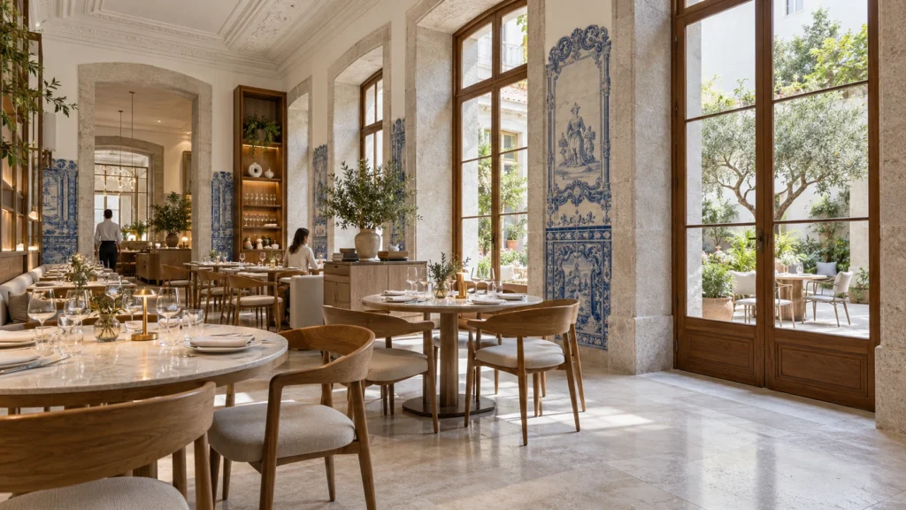 Boutique restaurant interior render in Lisbon with traditional azulejo wall tiles