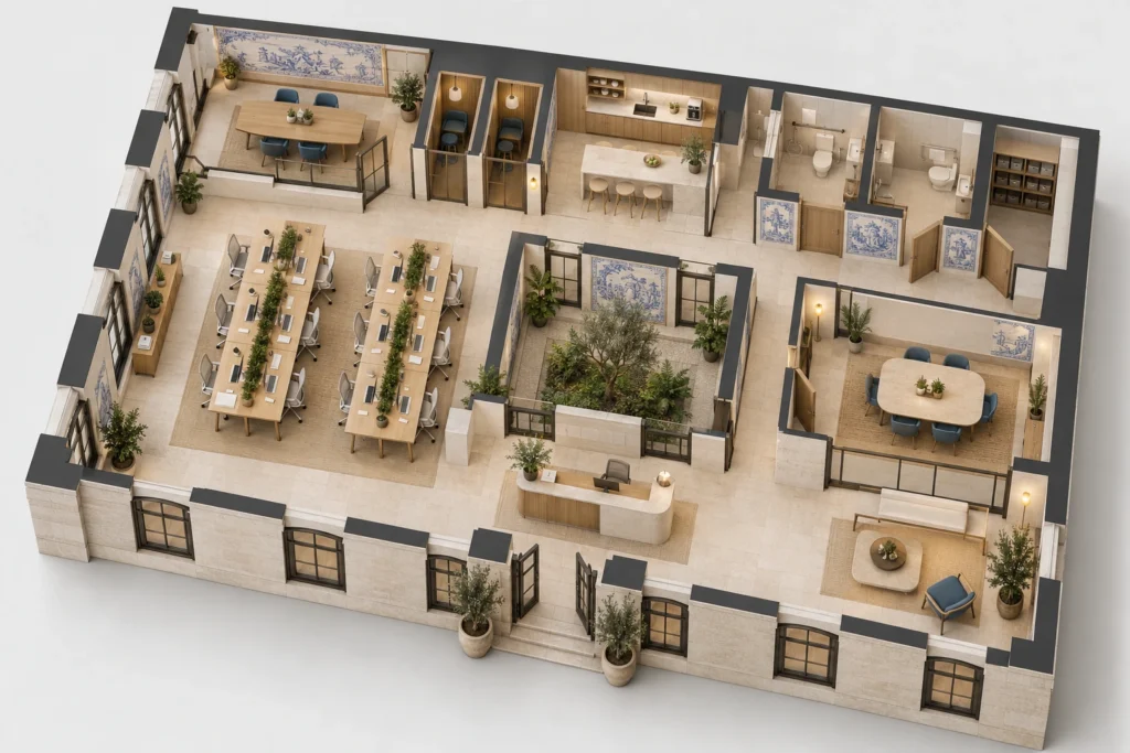 Yantram Studio conceptual 3D floor plan of a proposed Lisbon co-working office with courtyard, work areas and meeting rooms.