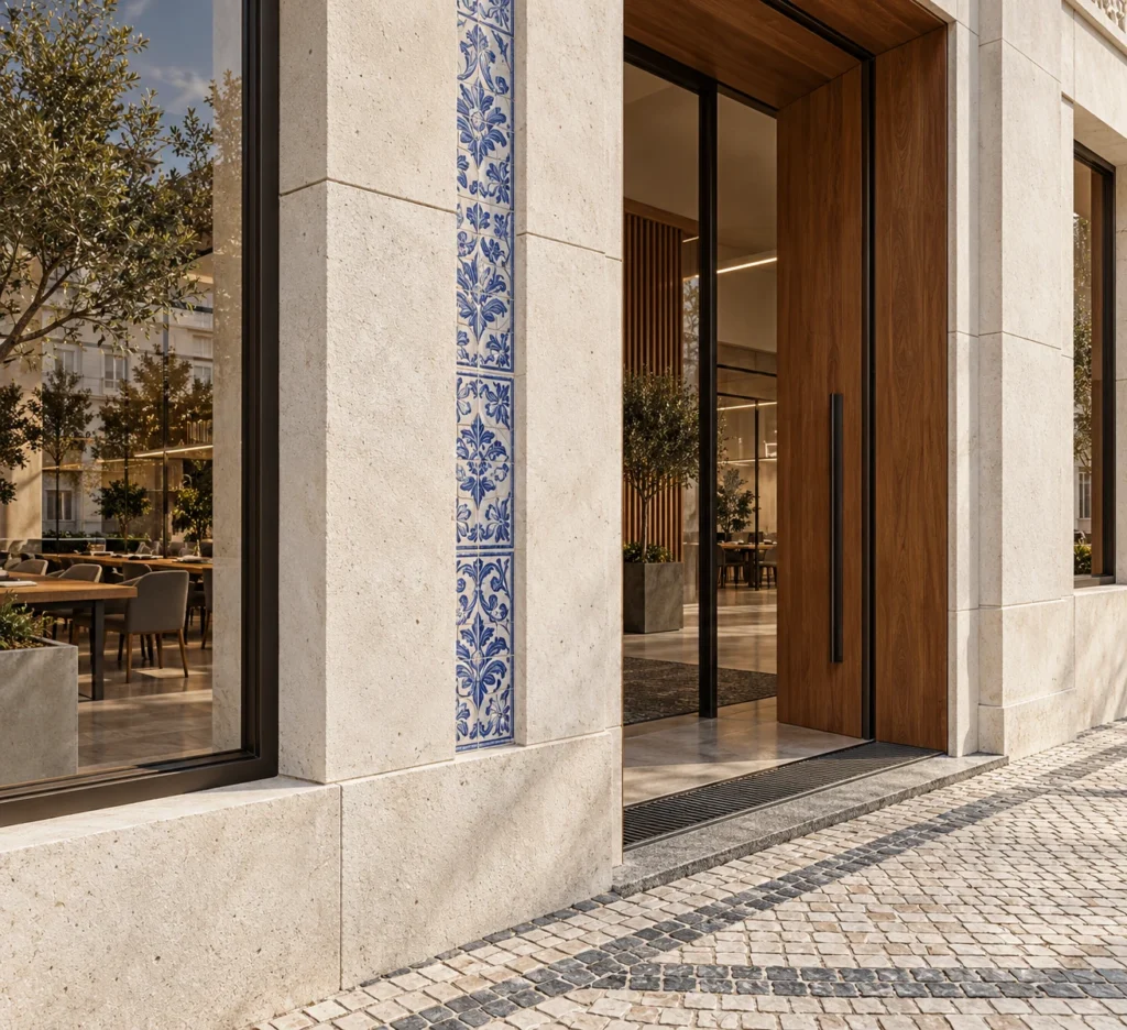 Co-working office entrance detail render in Lisbon with stone pillars — Boutique Hotel Render
