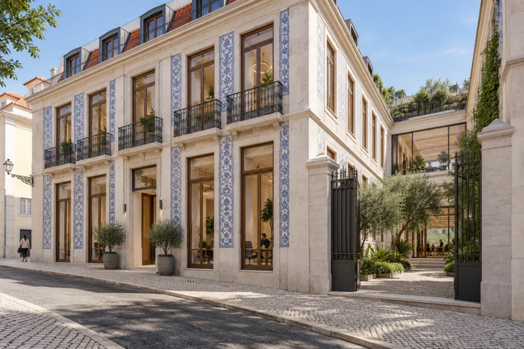 Co-working office exterior facade render in Lisbon with large glass windows
