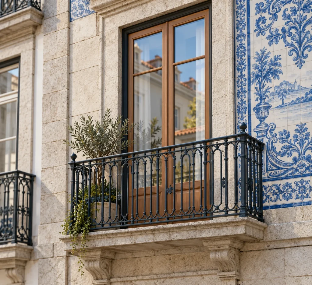 Hotel facade detail render in Lisbon featuring a wrought-iron balcony — Exterior Facade Design