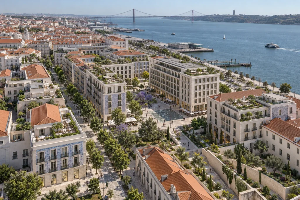 Mixed-use masterplan aerial render in Lisbon showing buildings and river — Architectural Visualization Studio