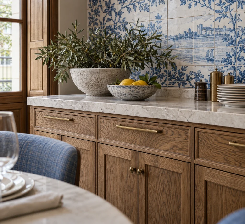 Restaurant interior joinery detail render in Lisbon showing wood cabinets โ Real Estate Marketing Visuals