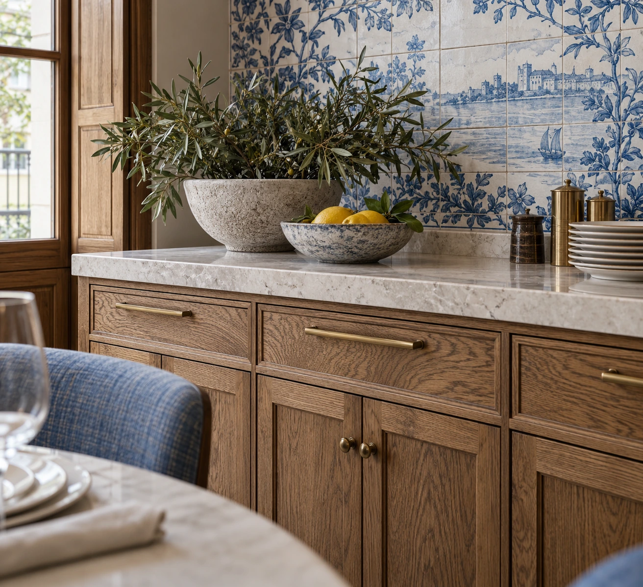 Restaurant interior joinery detail render in Lisbon showing wood cabinets — Real Estate Marketing Visuals