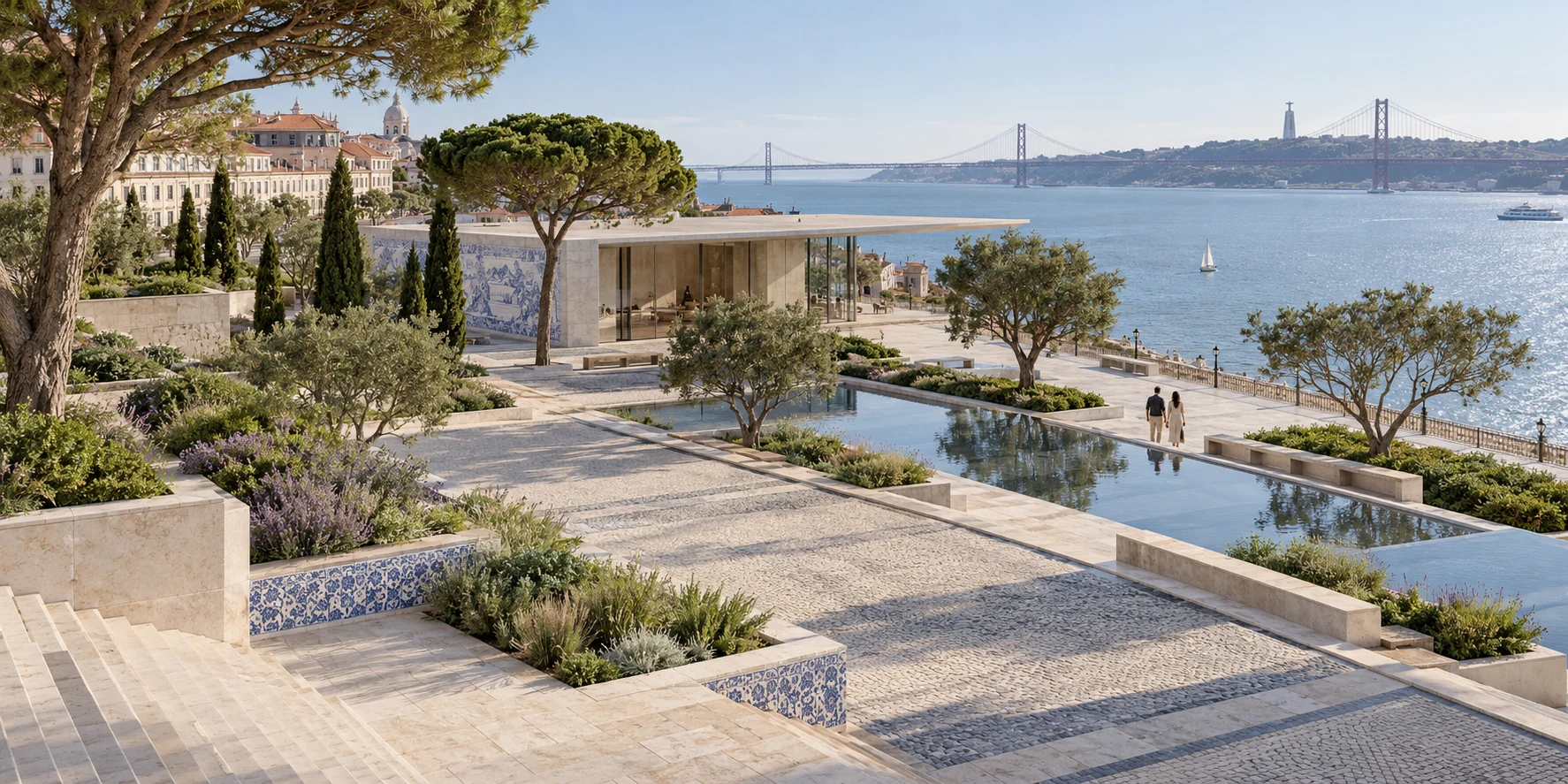 Riverside public plaza landscape render in Lisbon with reflection pool — Real Estate Marketing Visuals