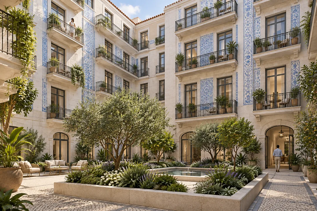 Lisbon apartment courtyard architectural 3D visualization — Boutique Hotel Render
