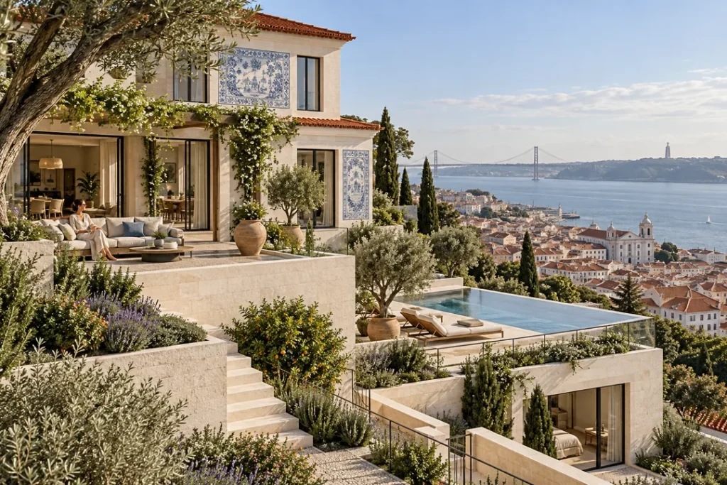 Lisbon villa exterior with hillside landscaping — 3D Architectural Visualization Usa